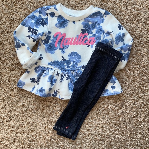 12M girls Nautica 2-piece jeggings and blue floral long sleeve shirt set - Picture 2 of 8